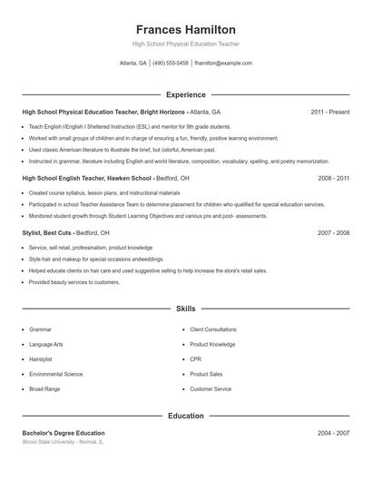 High School Physical Education Teacher Resume