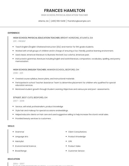 High School Physical Education Teacher Resume