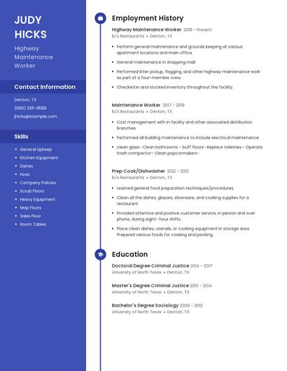 Highway Maintenance Worker Resume