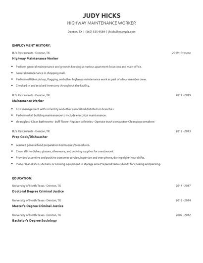 Highway Maintenance Worker Resume