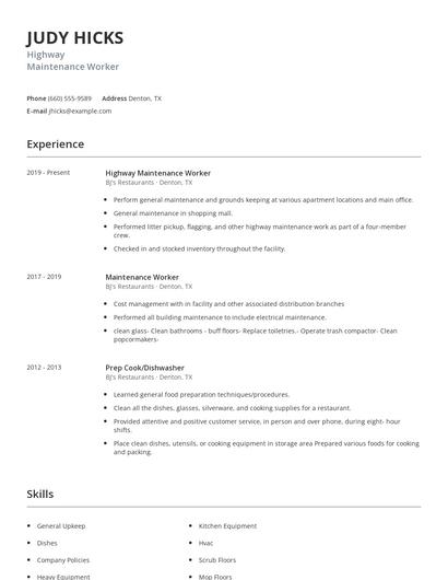 Highway Maintenance Worker Resume