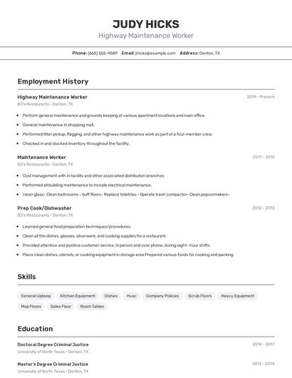 Highway Maintenance Worker Resume