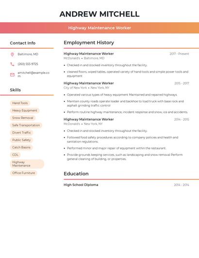 Highway Maintenance Worker Resume