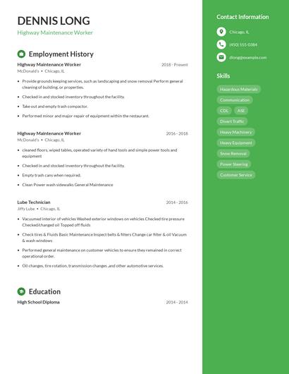 Highway Maintenance Worker Resume