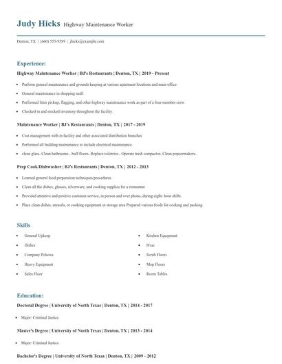 Highway Maintenance Worker Resume