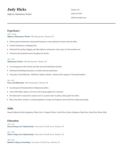 Highway Maintenance Worker Resume