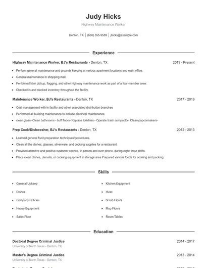 Highway Maintenance Worker Resume