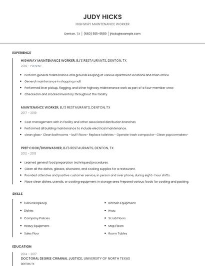 Highway Maintenance Worker Resume