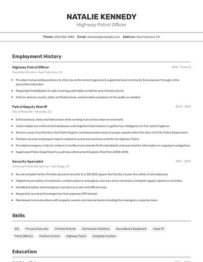 Highway Patrol Officer Resume