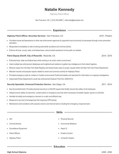 Highway Patrol Officer Resume