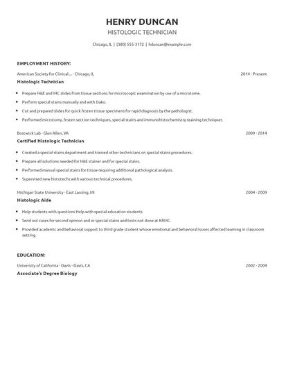 Histologic Technician Resume