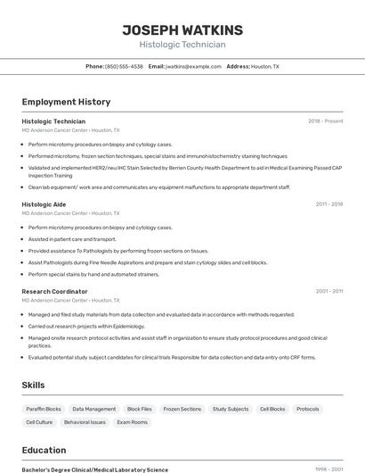 Histologic Technician Resume