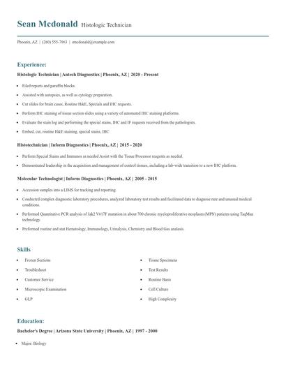 Histologic Technician Resume