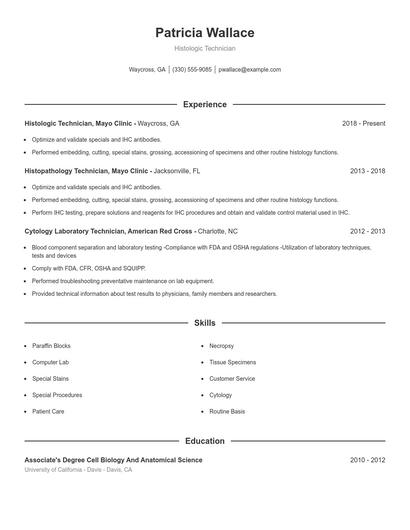 Histologic Technician Resume