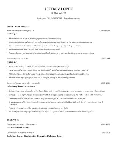 Histologist Resume