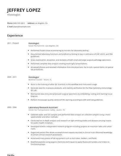Histologist Resume