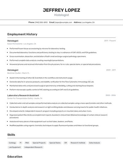 Histologist Resume