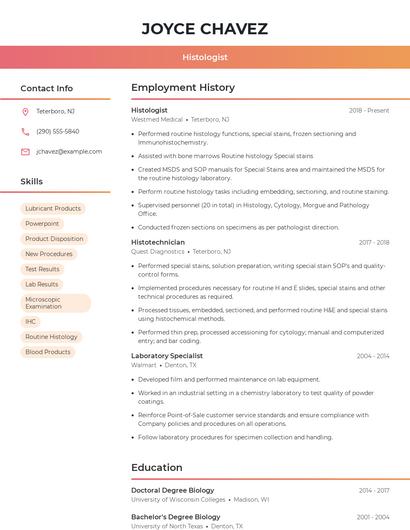 Histologist Resume