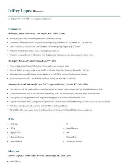 Histologist Resume