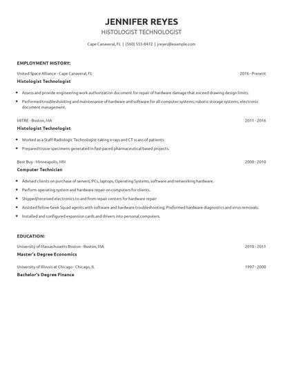 Histologist Technologist Resume