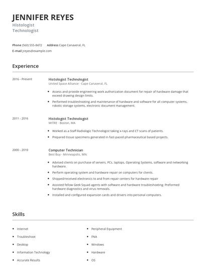 Histologist Technologist Resume