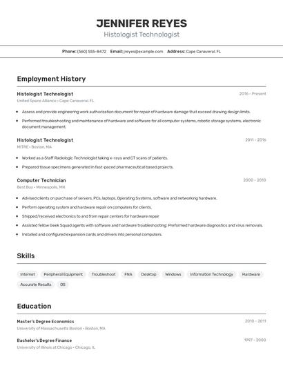 Histologist Technologist Resume