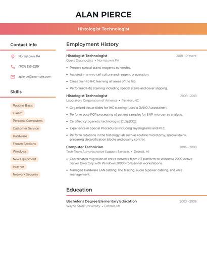 Histologist Technologist Resume