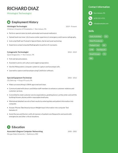 Histologist Technologist Resume