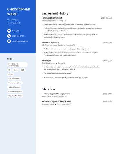 Histologist Technologist Resume