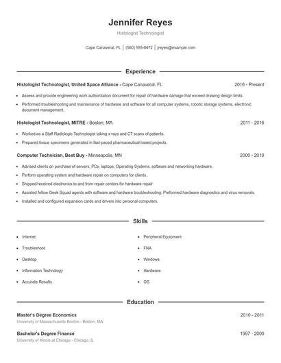 Histologist Technologist Resume
