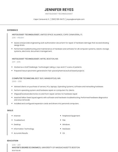 Histologist Technologist Resume