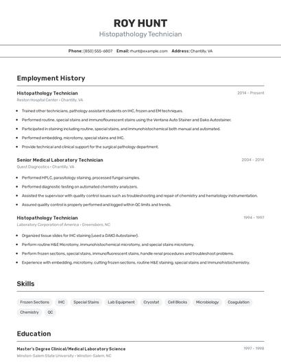 Histopathology Technician Resume