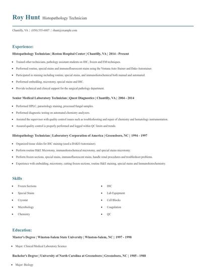 Histopathology Technician Resume