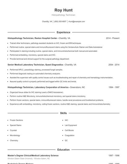 Histopathology Technician Resume