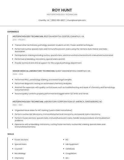 Histopathology Technician Resume