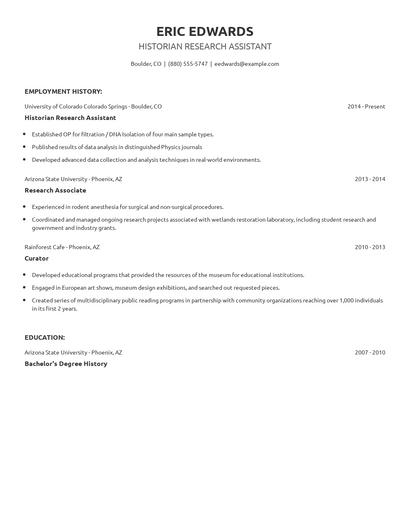 Historian Research Assistant Resume