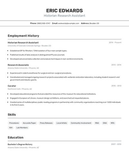 Historian Research Assistant Resume