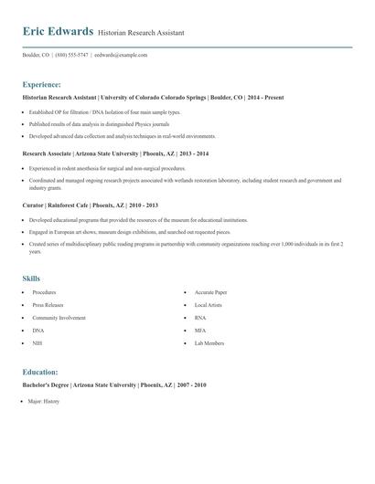 Historian Research Assistant Resume