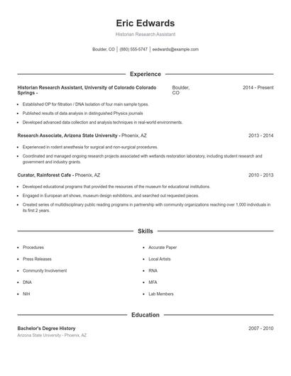 Historian Research Assistant Resume