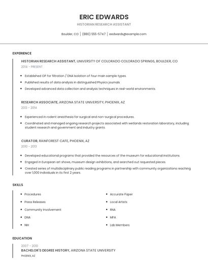 Historian Research Assistant Resume