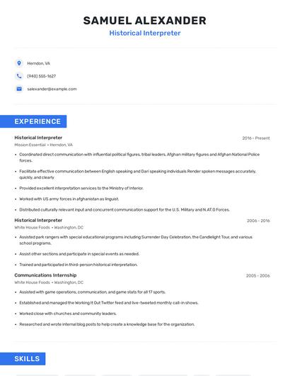Historical Interpreter Resume
