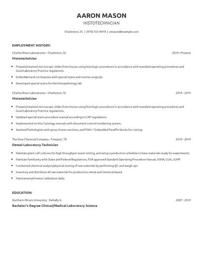 Histotechnician Resume