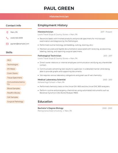 Histotechnician Resume