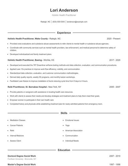 Holistic Health Practitioner Resume