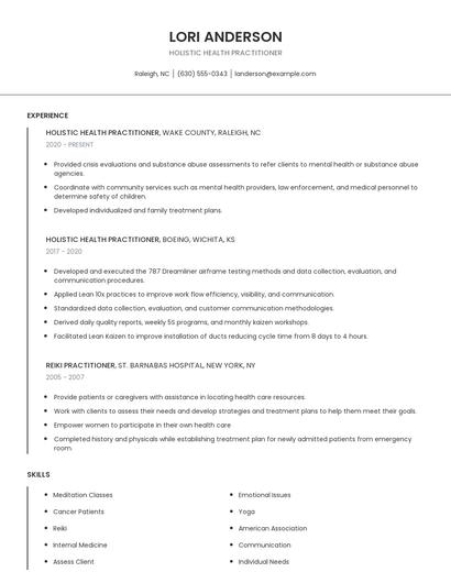 Holistic Health Practitioner Resume