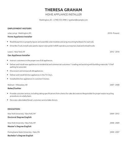 Home Appliance Installer Resume