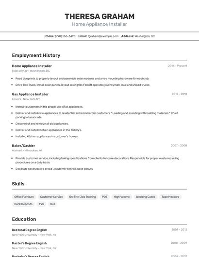 Home Appliance Installer Resume