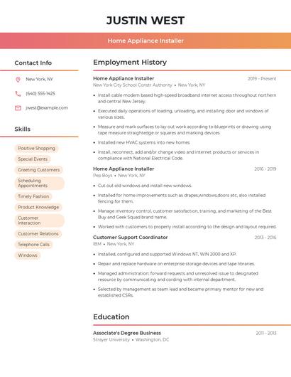 Home Appliance Installer Resume