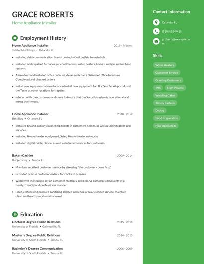 Home Appliance Installer Resume