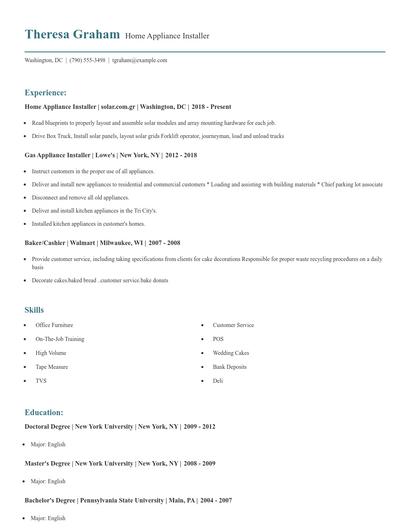Home Appliance Installer Resume